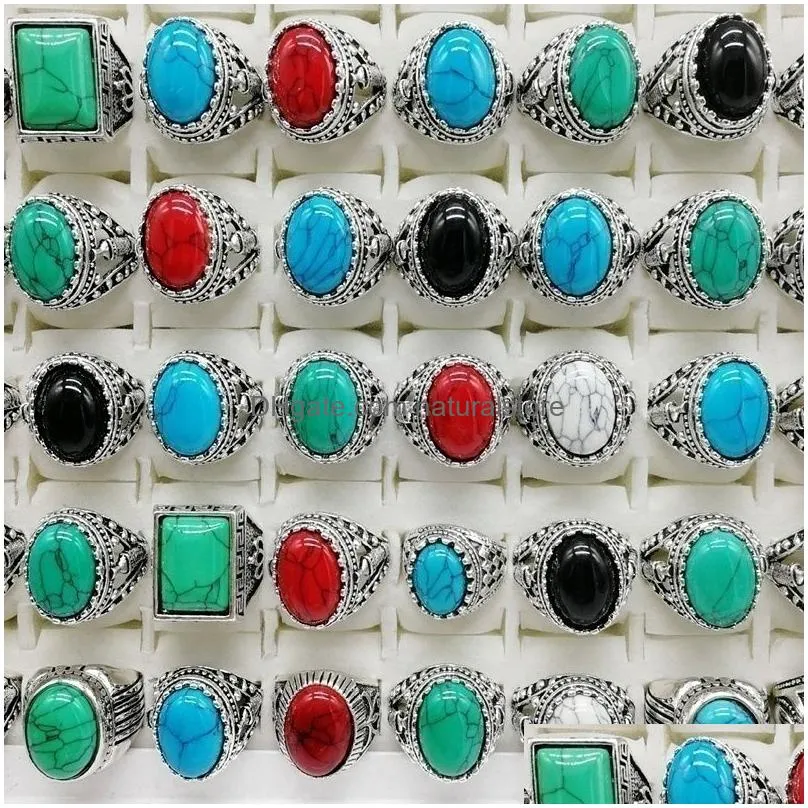 fashionable 30 pcs/set gem pinestone turquoise band rings retro bohemia style charm mix metal big size men and women beautiful jewelry party