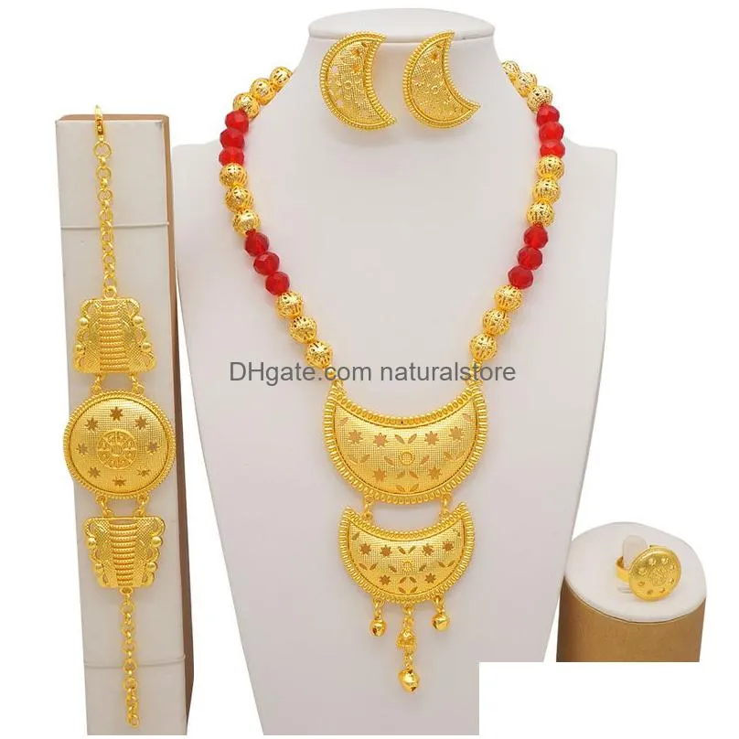 luxury dubai gold color sets african indian ethiopia bridal wedding gifts party for women necklace earrings jewelry set 220810