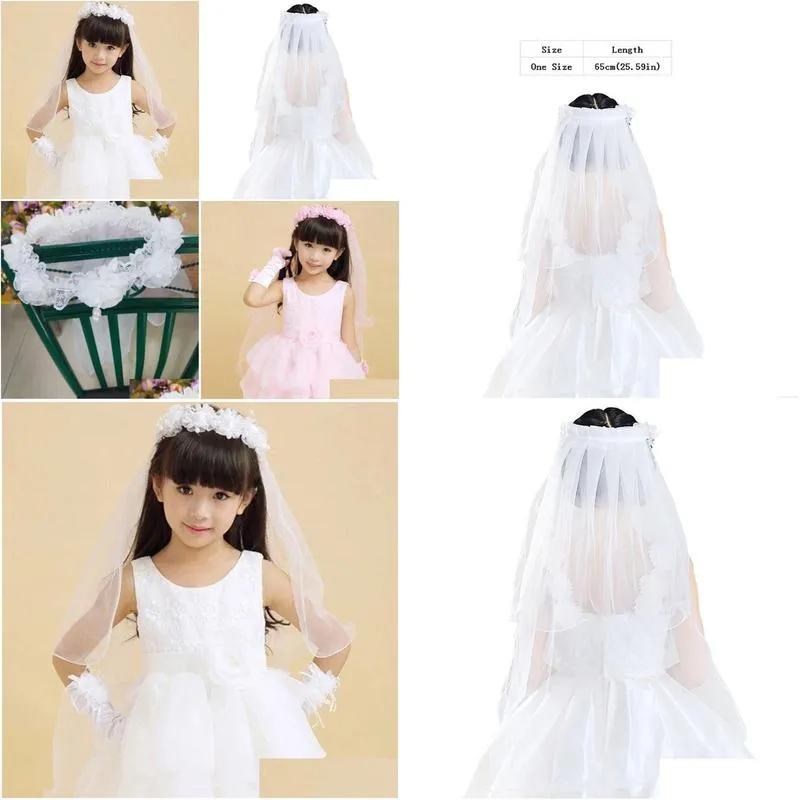 Bridal Veils Children Girls Little Princess Hairband Double Layers Tulle Flowers Garland Ruffles Floral Lace Wedding 2