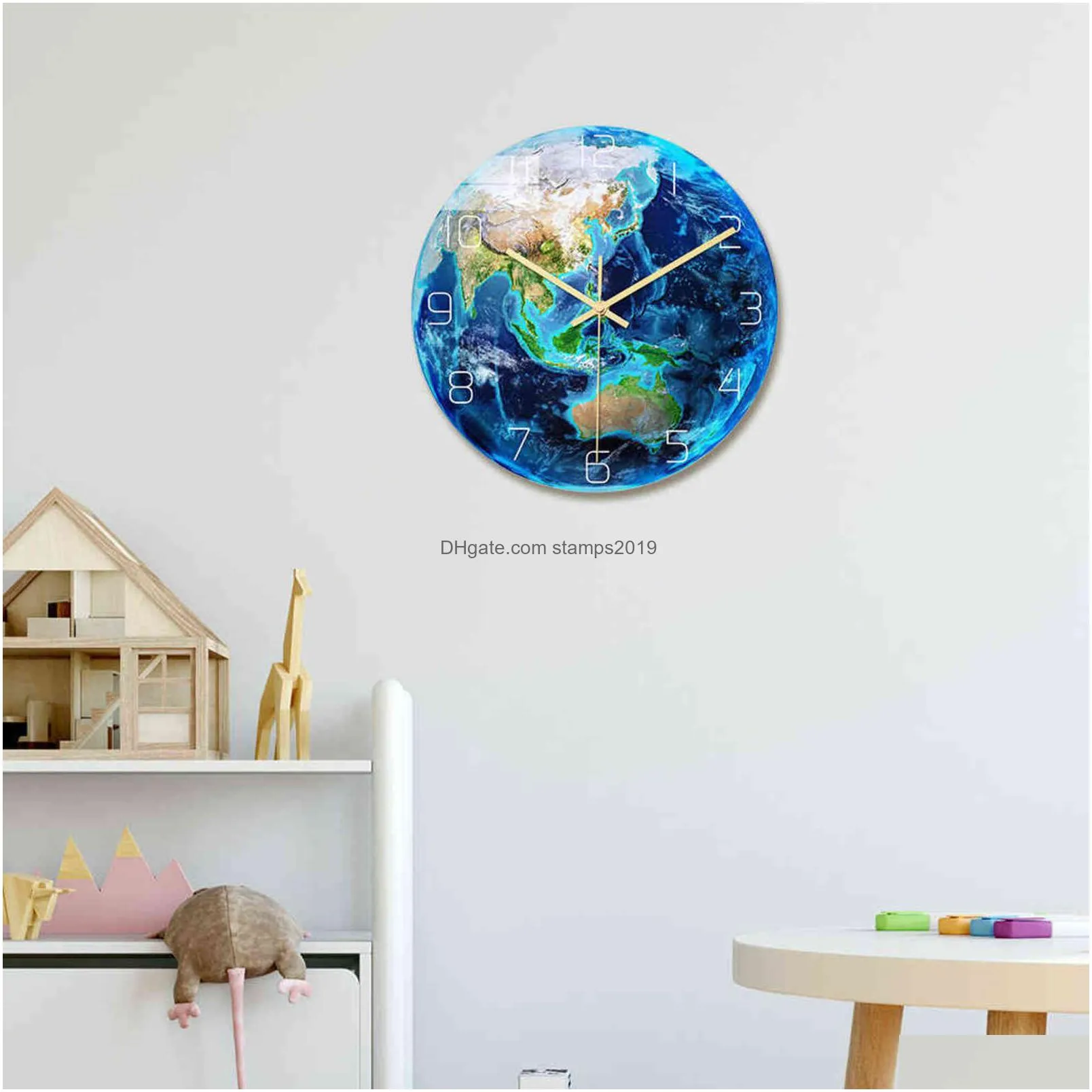 night glowing acrylic 3d earth wall clock in dark fluorescent luminous needle art horloge modern home decoration living room 211103