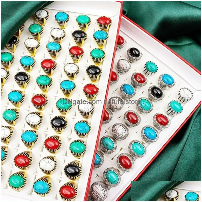 fashionable 30 pcs/set gem pinestone turquoise band rings retro bohemia style charm mix metal big size men and women beautiful jewelry party