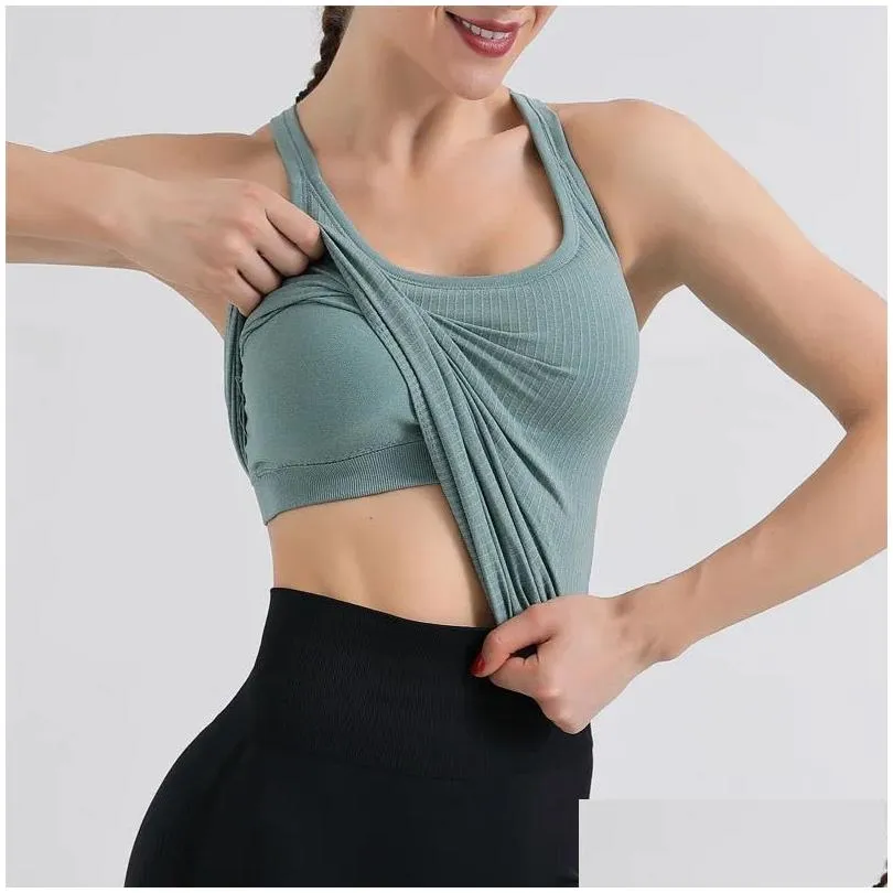 LL Gym Yoga Bra Backless Crop Top Women Crew Neck With Gym Off Shoulder Sexy Tank Tops Fitness Cami Casual Summer