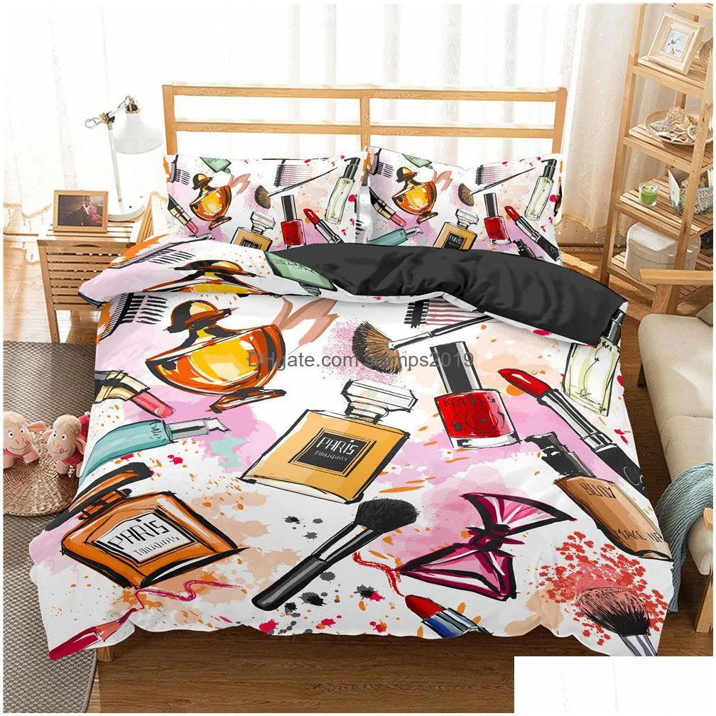 homesky makeup lipstick luxury bedding set cosmetic pink duvet cover girls women bed set home textiles bedclothes 3/4pcs 201127