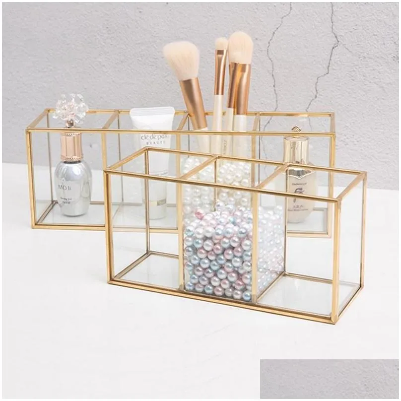 Storage Boxes Bins Cosmetic Brush Holder Transparent Cosmetics Container Ring Pencil Lipstick 3 Compartments Glass Makeup Drop Deli Othhf