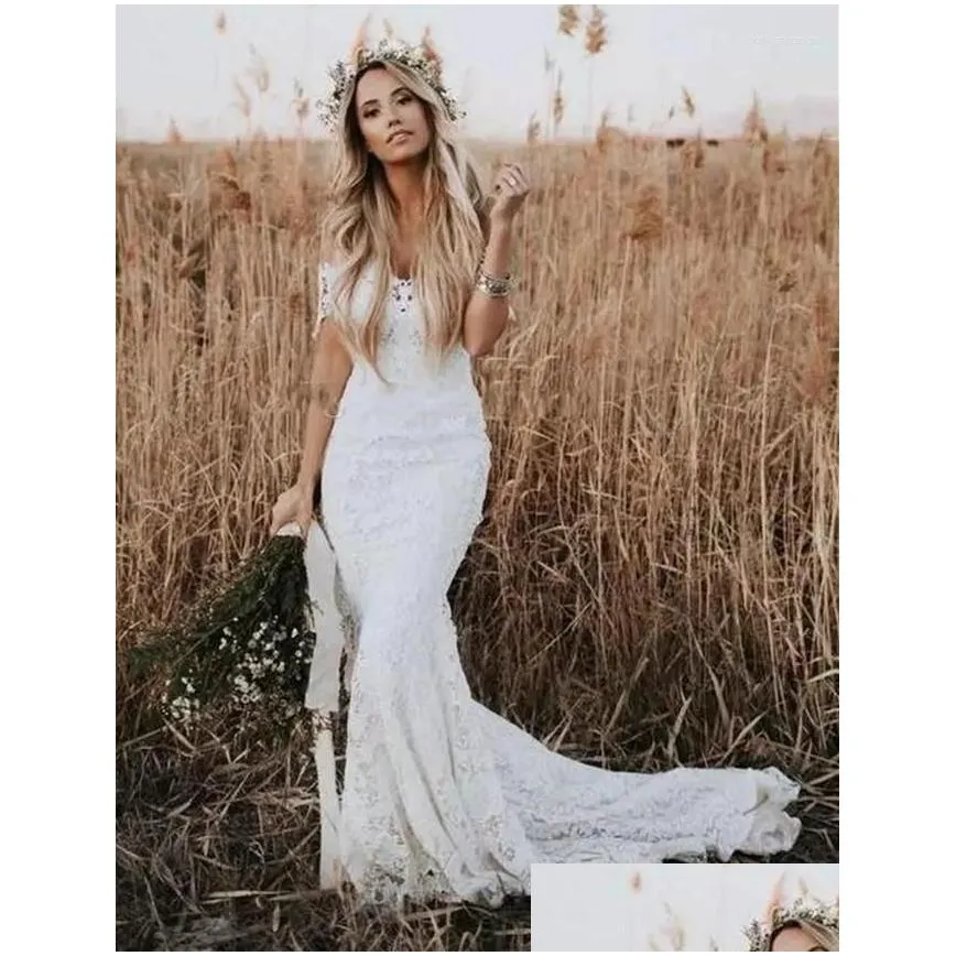 Wedding Dress Elegant Boho Lace Dresses 2022 Country Vestido De Noiva Off The Shoulder Short Sleeves Bride Bridal Gowns