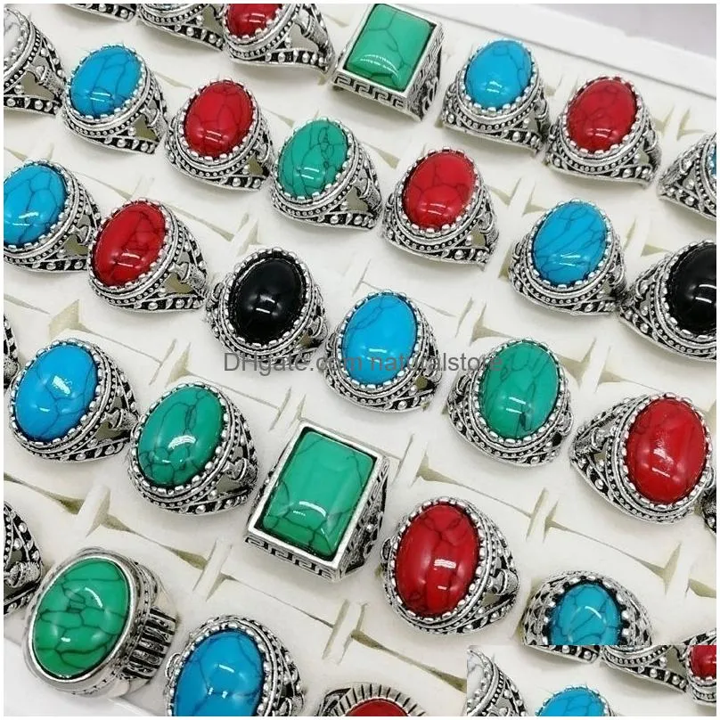 fashionable 30 pcs/set gem pinestone turquoise band rings retro bohemia style charm mix metal big size men and women beautiful jewelry party