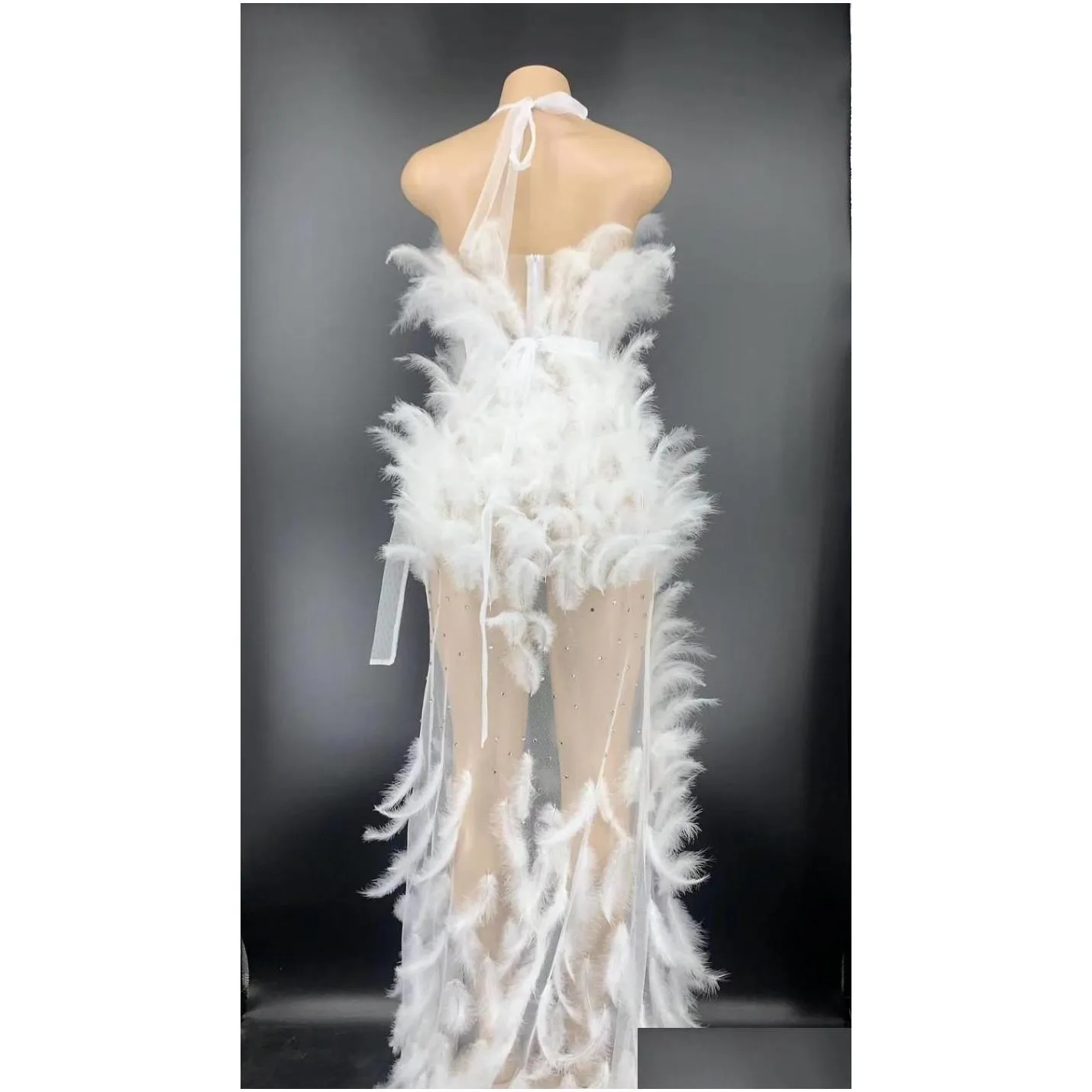 Casual Dresses Women Sexy Rhinestones See Through Mesh Multicolor Feathers Long Dress Evening Wedding Party Singer Stage Clothes