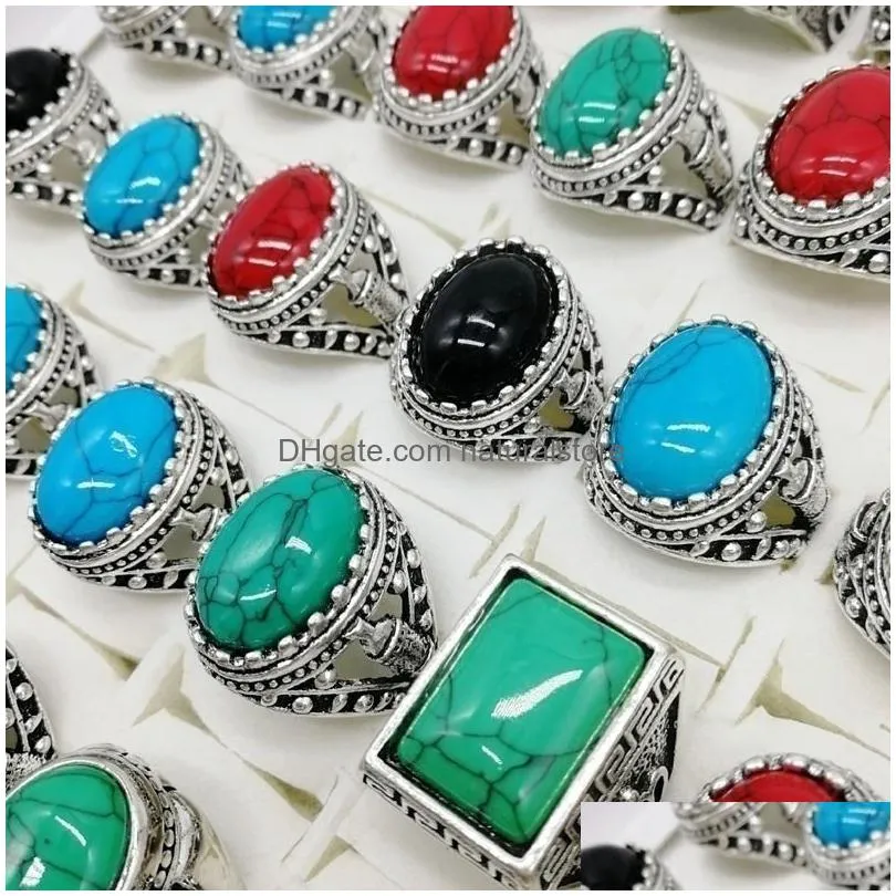 fashionable 30 pcs/set gem pinestone turquoise band rings retro bohemia style charm mix metal big size men and women beautiful jewelry party