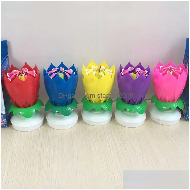 innovative musical rotating lotus flower candle light happy birthday diy cake decoration wedding party gifts 220804