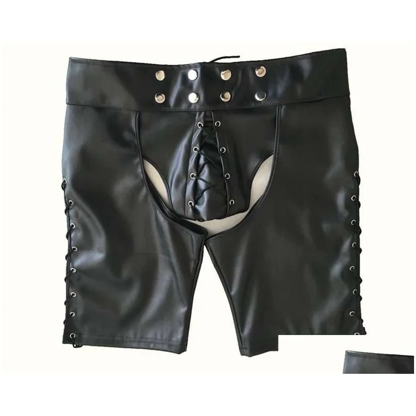 Underpants Sexy Men Plus Size Erotic Jockstrap Bandage Faux Leather Panties Hollow Out Open Crotch Shiny Clubwear Gay Wear Drop Deli Otvby