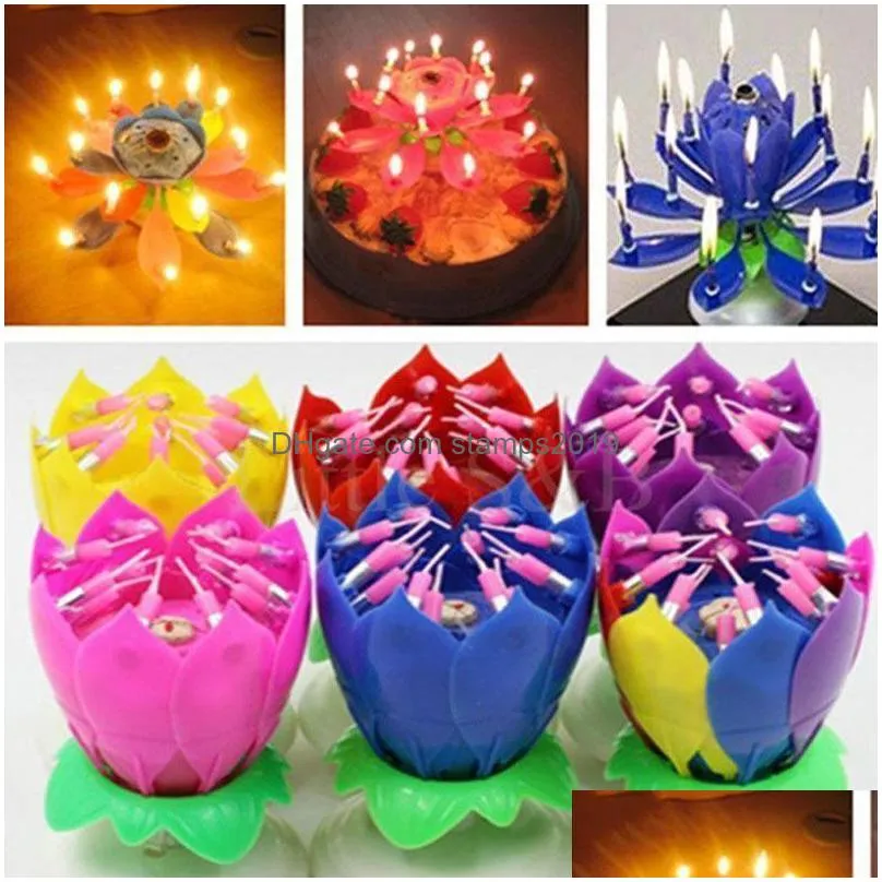 innovative musical rotating lotus flower candle light happy birthday diy cake decoration wedding party gifts 220804