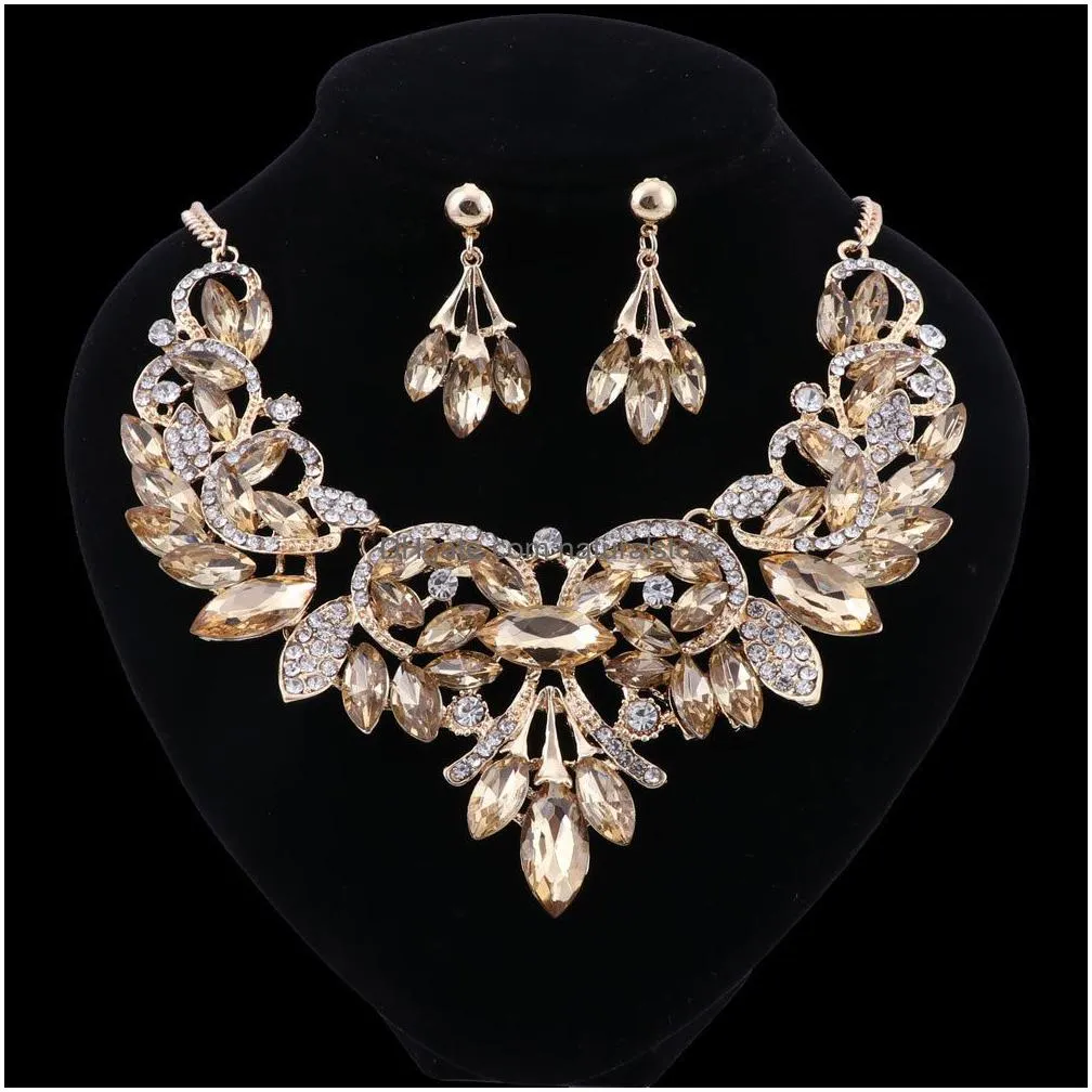 earrings necklace luxury indian bridal jewelry sets wedding party costume jewellery womens fashion gifts leaves crystal necklace earrings sets