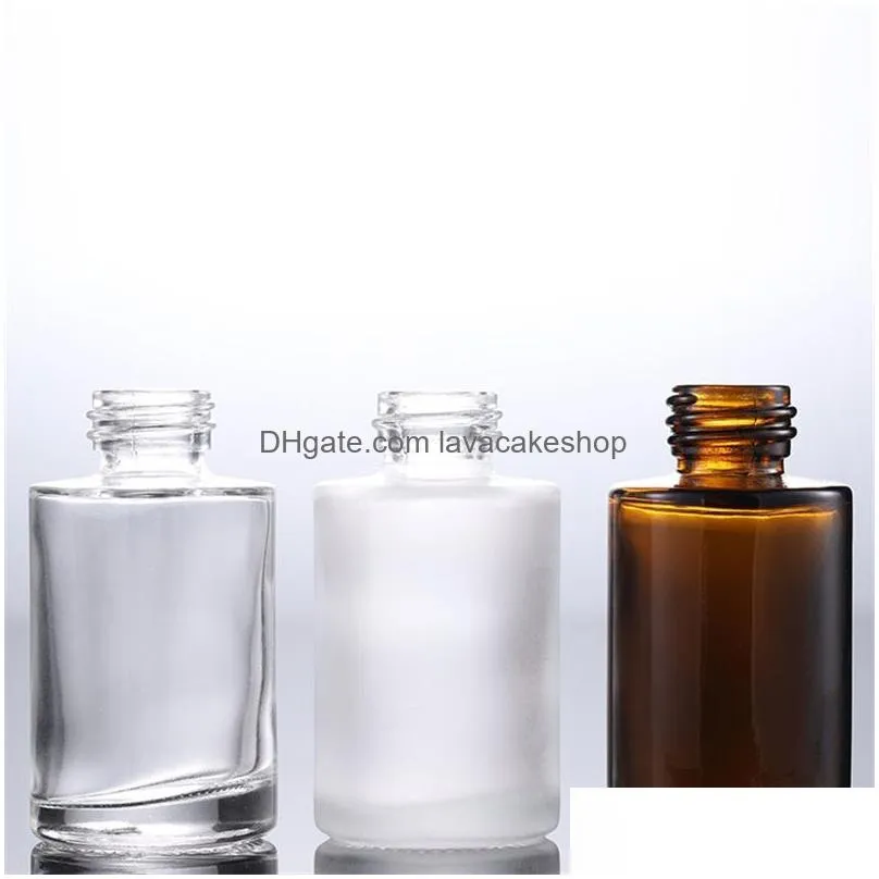 wholesale 30ml glass bottle flat shoulder frosted/transparent/amber round essential oil serum bottles with glasses dropper cosmetic essence 5348