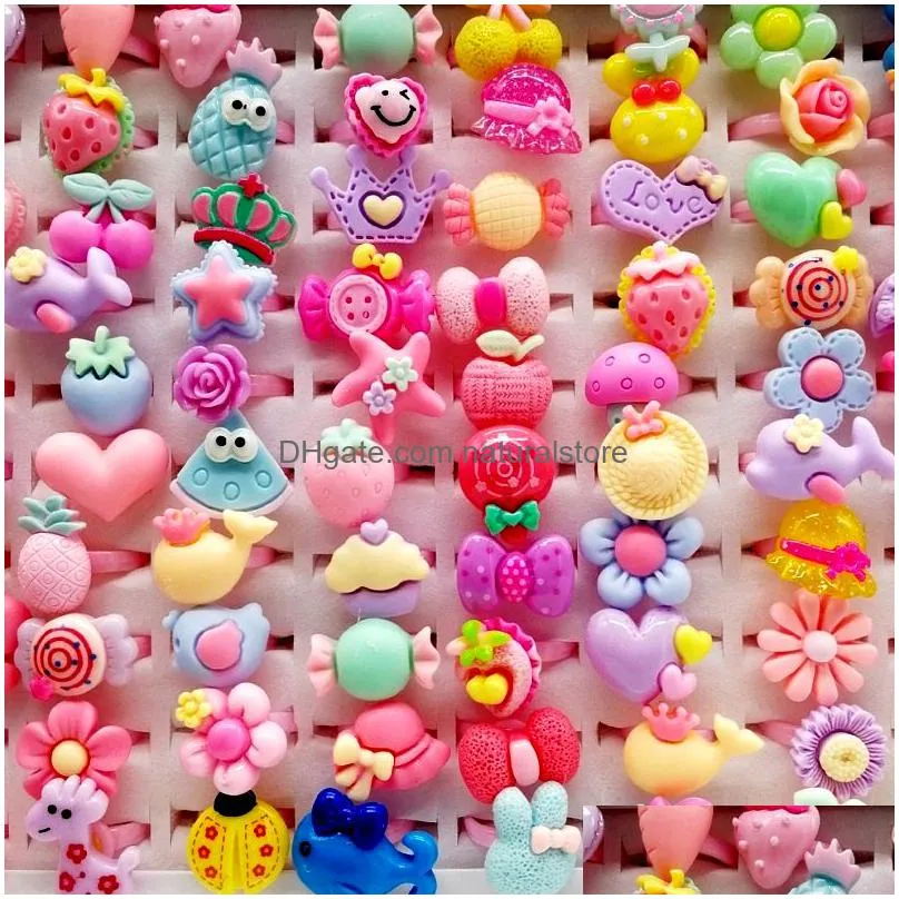 newest 200pcs/lot children`s cartoon rings charm finger band jewelry frosted heart shape animals flower baby girl tangible benefits kid