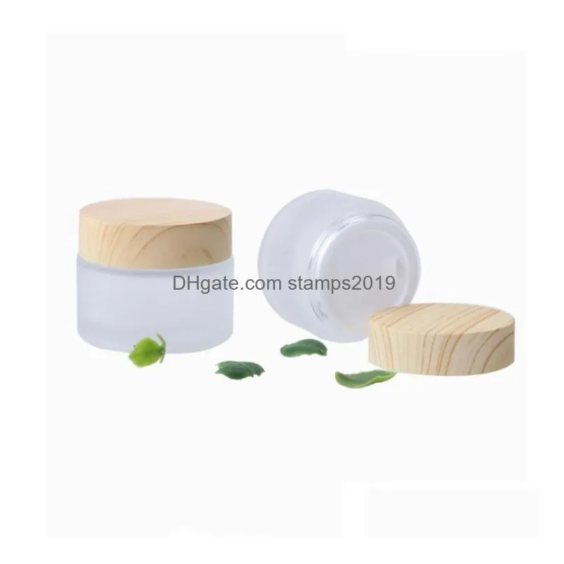 packaging bottles wholesale frosted glass jar cream round cosmetic jars hand face bottle with wood grain cap 5g-10g-15g-30g-50g-100g dh7rv
