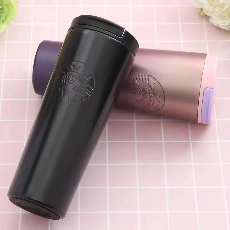 Tumblers Coffee Cup Portable Water Cup 304 Stainless Steel Accompanying Cup Car Cup Coffee Cup Straw Embossed Goddess Gradient Cup starbucks 401-500ml
