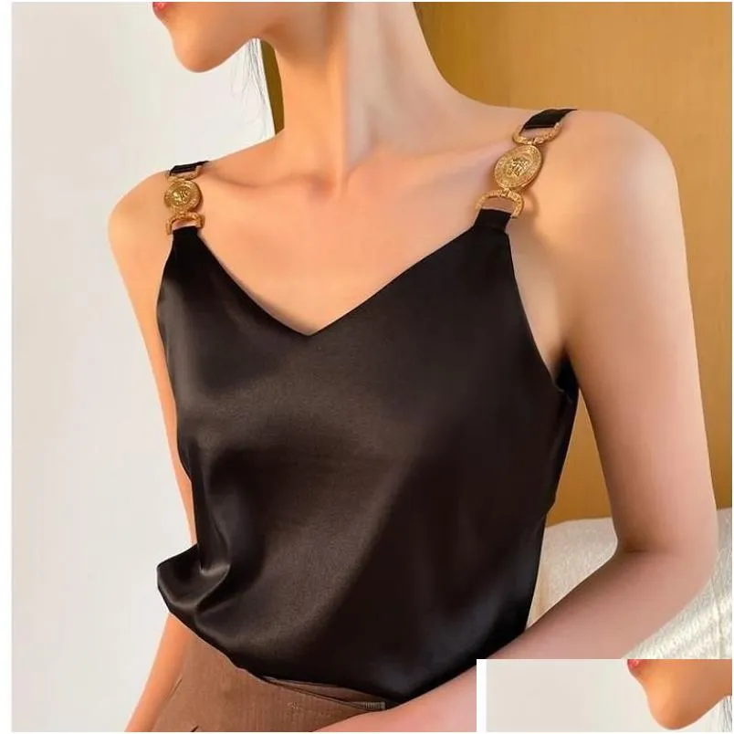 Womens T-Shirt Cami Top Vneck Solid Fashion Sleeveless Women Temperament Elegant Office Lady Backless Silk Spaghetti Camis Summer Dr Otcqd