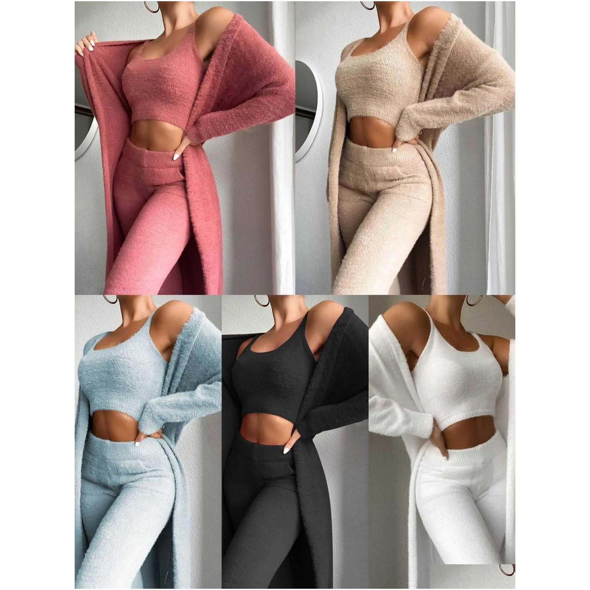 Women tracksuits 3 Piece Outfits Set Winter Sexy Fuzzy Fleece Long Cardigan Scoop Neck Crop Tank Top High Waist Pants Loungewear Set