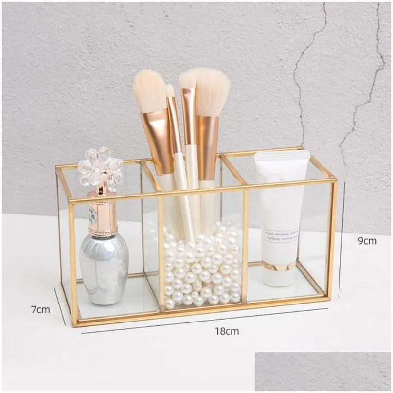 Storage Boxes Bins Cosmetic Brush Holder Transparent Cosmetics Container Ring Pencil Lipstick 3 Compartments Glass Makeup Drop Deli Otnie