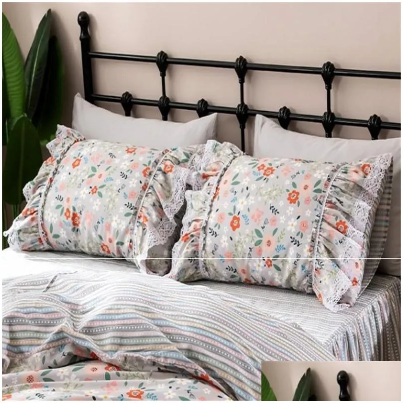 Bedding Sets Korean Princess Lace Ruffles Floral Skirt-Style Set Pure Cotton Pastoral Ropa De Cama Couvre Lit Duvet Er Set1 Drop Del Otgyn