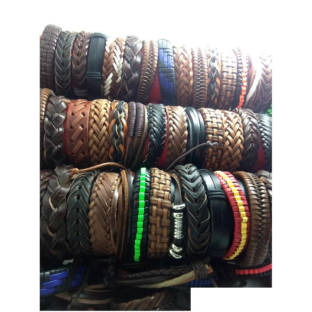 wholesale 100pcs men women vintage genuine leather bracelets surfer cuff wristbands party gift mixed style fashion jewelry lots