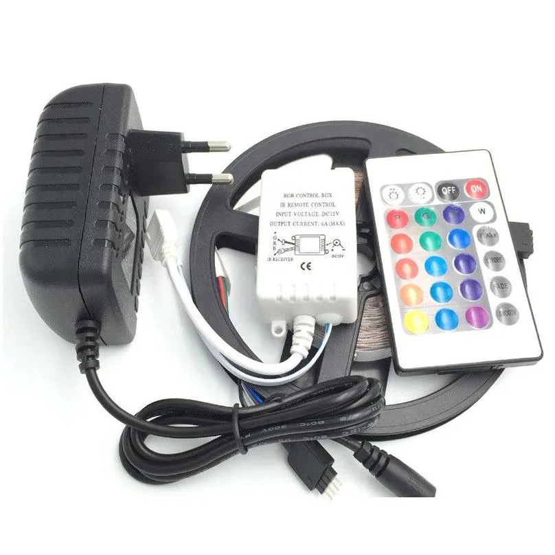 5M RGB LED Strip Light Flexible 3528 SMD Non Waterproof DC 12V +IR Remote Controller + 2A Power Supply Stage Party Bulb Christmas