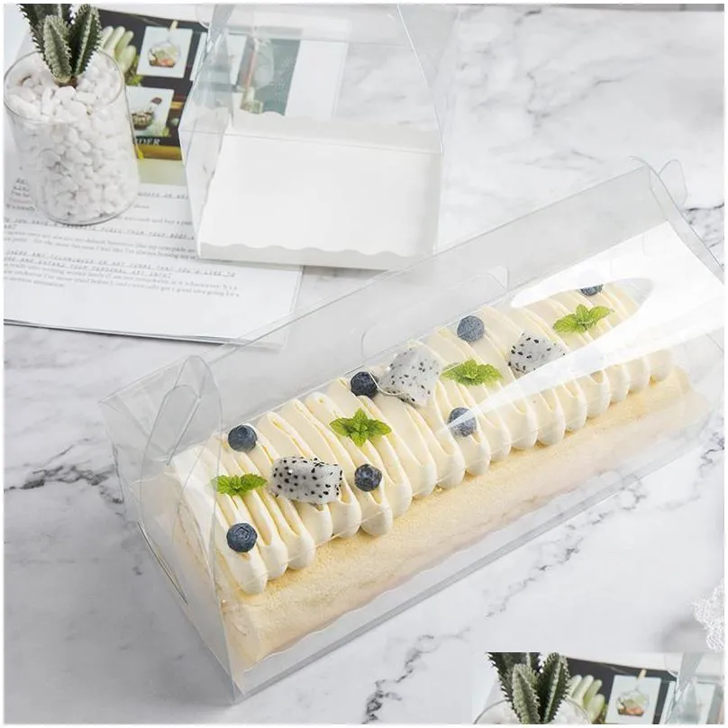 transparent cake roll packaging box with handle eco-friendly clear plastic cheese cake box baking swiss roll1