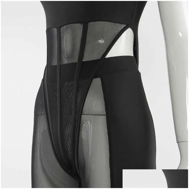 ANJAMANOR Sexy Mesh Patchwork 2 Piece Sets Bodysuit Leggings See Through Black Club Outfits for Women Wholesale Items D85-BH20 Y0625