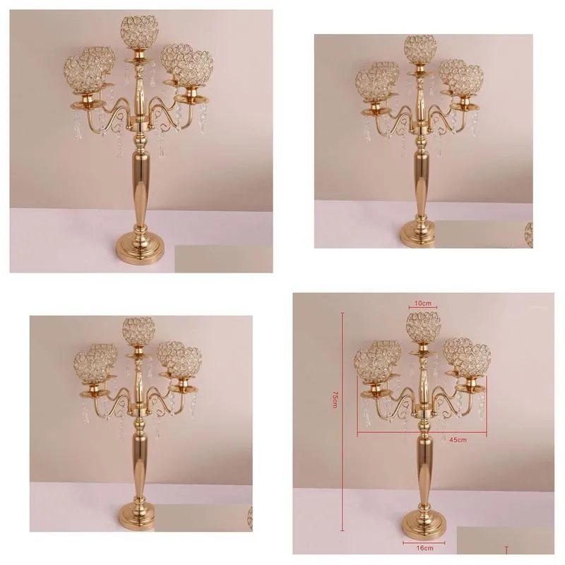 party decoration 10pcs 75cm tall table centerpiece acrylic gold 5 arms crystal wedding candelabra candle holder supply