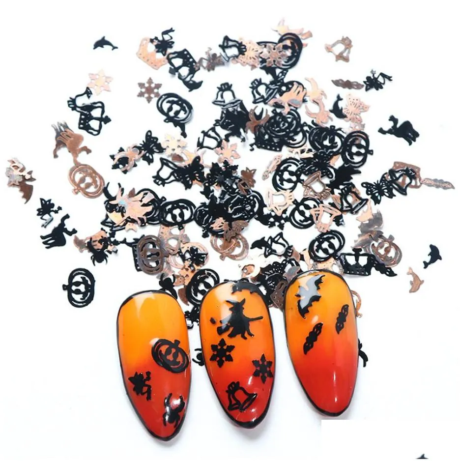 120Pcs Halloween Nail Art Stickers Patch Gold Black Metal Pumpkin Witch Spider Bat Ornaments DIY Decor Manicure Sequins Glitter4013854