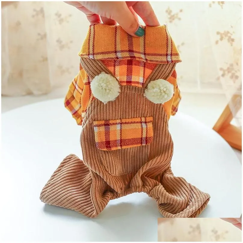 corduroy pants plaid jumpsuit for dogs cute small animal with plaid shirt autumn winter chihuahua shih tzu pugssuit pet clothing1