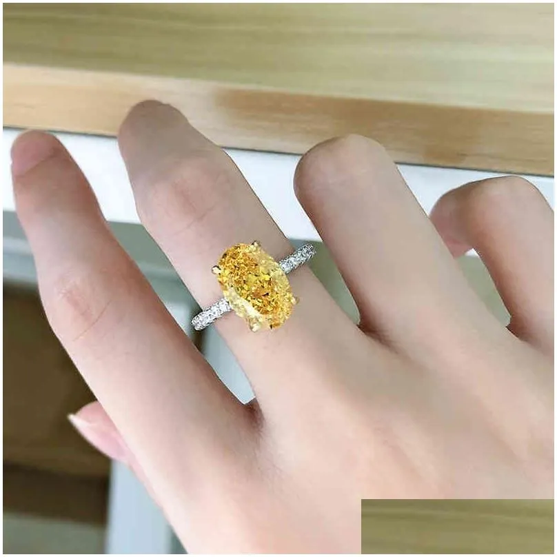 solid 925 sterling silver 8x12mm ice broken oval created moissanite diamond citrine ring for women engagement fine jewelry 2021