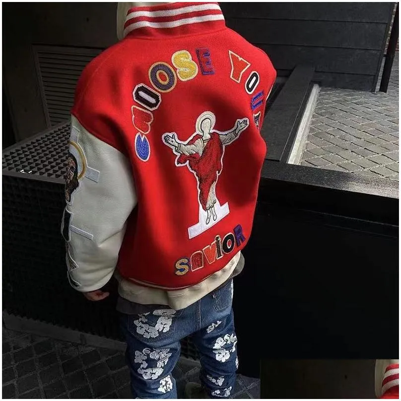 Men Designer Jacket Jesus Embroidery Saint Baseball Streetwear Patchwork Letter Asap Rocky Harajuku College Varsity Bomber Coat Couples