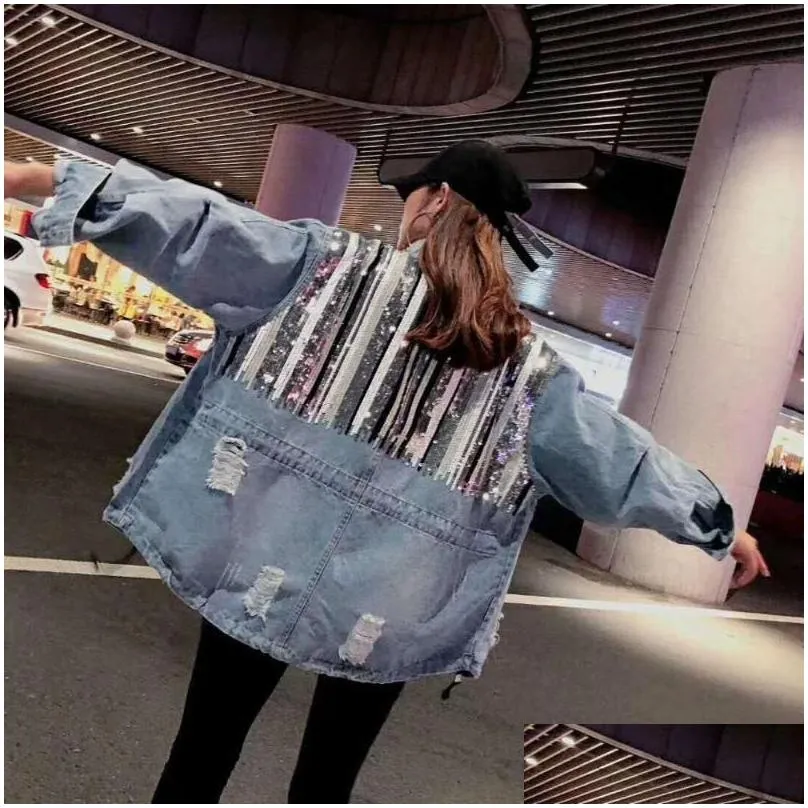 womens jackets 2023 spring arrival ladies ripped jeans coat womens drawstring cotton denim jacket oversize sequins jean