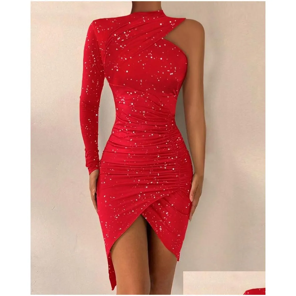 Casual Dresses Year Red Party Dress Glitter One Shoulder Asymmetrical Ruched Mini Bodycon Long Sleeve Sequins Sexy Corset RobesCasual