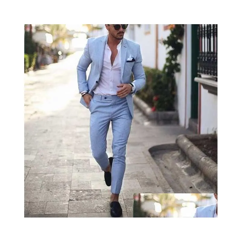 mens suits blazers 2022 light blue men tuxedo for wedding 2 pieces business peaked lapel costume homme party veste mariage