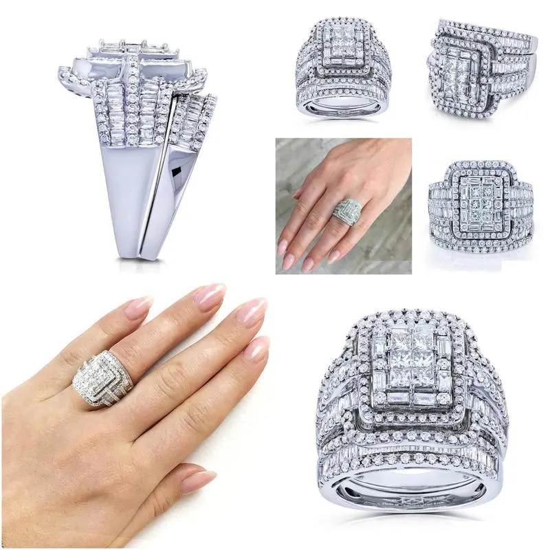 Ring Engagement Rings For Women Charm Female White Crystal Stone Set Luxury Big Silver Color For Vintage Bridal Square