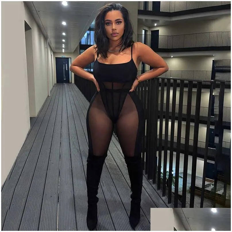ANJAMANOR Sexy Mesh Patchwork 2 Piece Sets Bodysuit Leggings See Through Black Club Outfits for Women Wholesale Items D85-BH20 Y0625