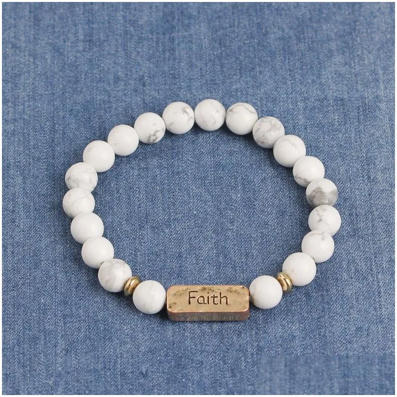 hammered bar bracelet engraved faith bracelets inspirational handmade beaded gemstone bracelet white marble unisex stretch bracelet