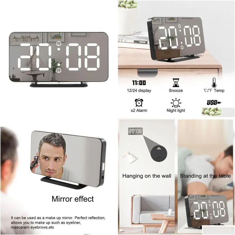 digital mirror alarm clock led wall table electronic temperature s multifunction watch home decoration lj200827
