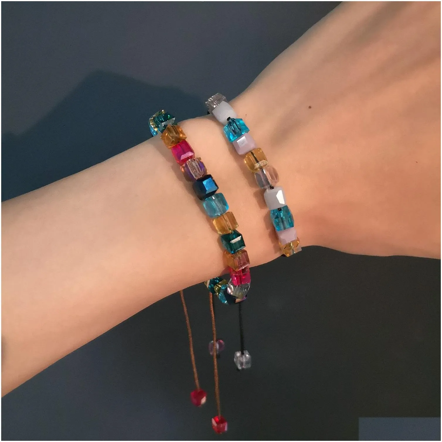 handmade crystal beaded strands bracelet 4mm shining colorful seven chakra adjustable rope chain bracelet for women female charm