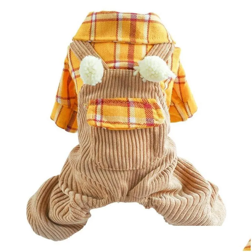 corduroy pants plaid jumpsuit for dogs cute small animal with plaid shirt autumn winter chihuahua shih tzu pugssuit pet clothing1
