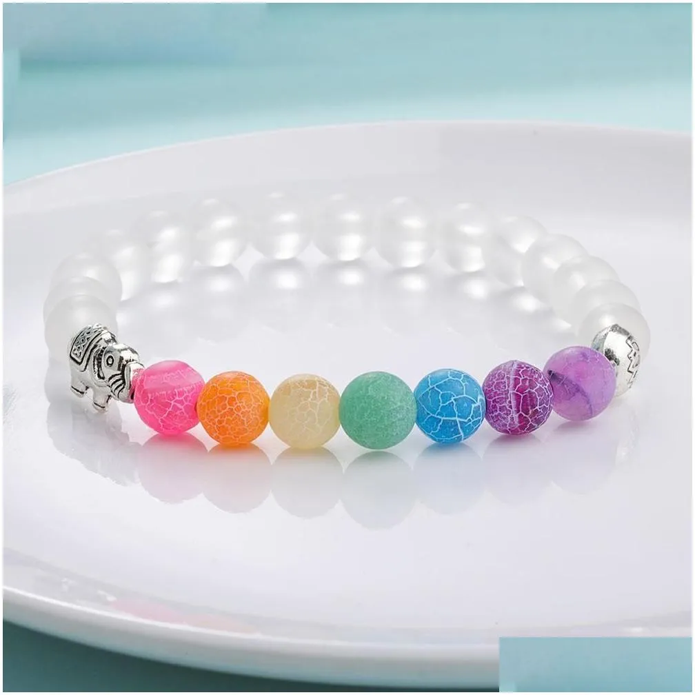 men women elephant charms 7 chakra bracelet energy yoga buddha bead bracelet colorful white frosted matte beads bracelet jewelry 8mm