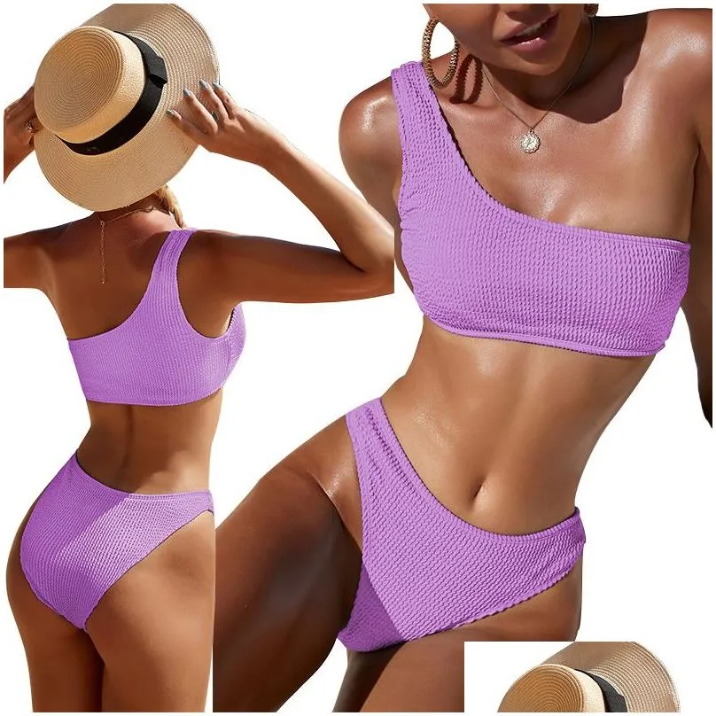 New designer bikini set swimsuit pure color snake cloth with one shoulder and high waist bikinis sexy swimwear women  two piece bathing