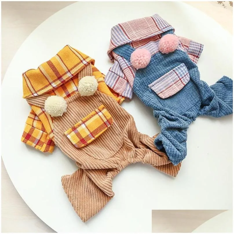 Dog Apparel Corduroy Pants Plaid Jumpsuit For Dogs Cute Small Animal With Shirt Autumn Winter Chihuahua Shih Tzu Pugssuit Pet Clothi Otr3Q