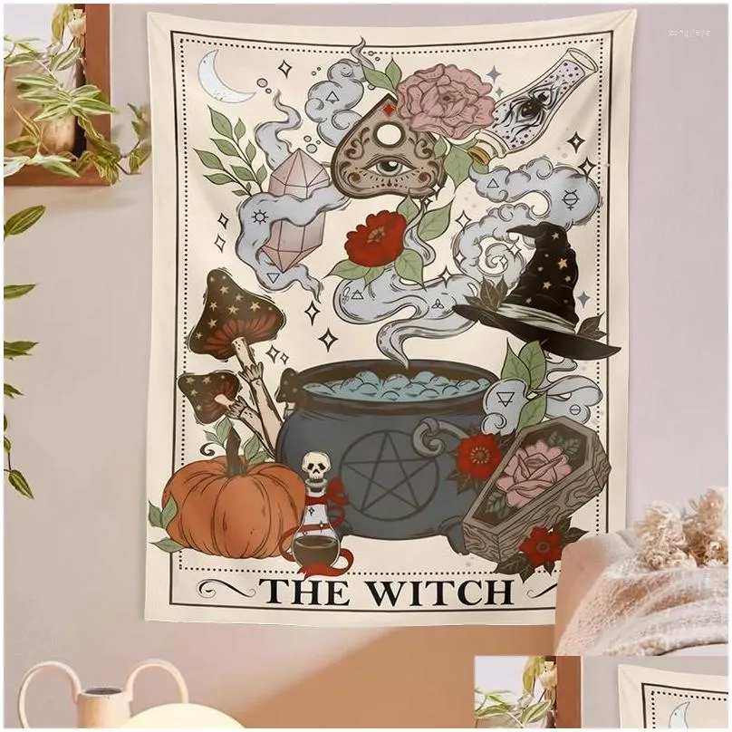 tapestries the witch tarot card tapestry wall hanging retro witchy boho cottage core home decor hippie mushroom carpet decoration