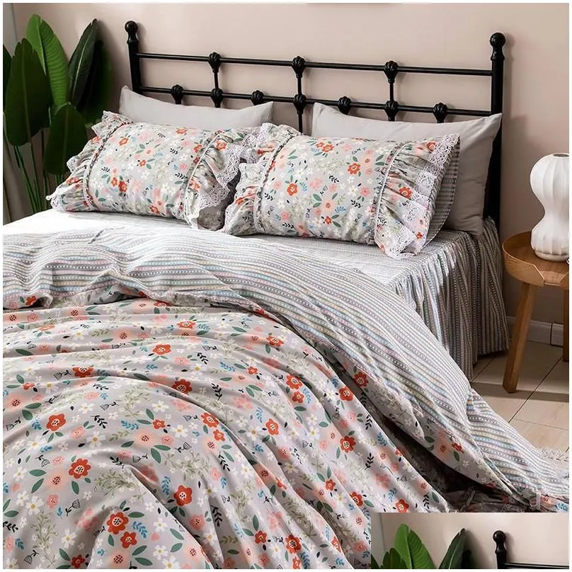 Bedding Sets Korean Princess Lace Ruffles Floral Skirt-Style Set Pure Cotton Pastoral Ropa De Cama Couvre Lit Duvet Er Set1 Drop Del Otgyn