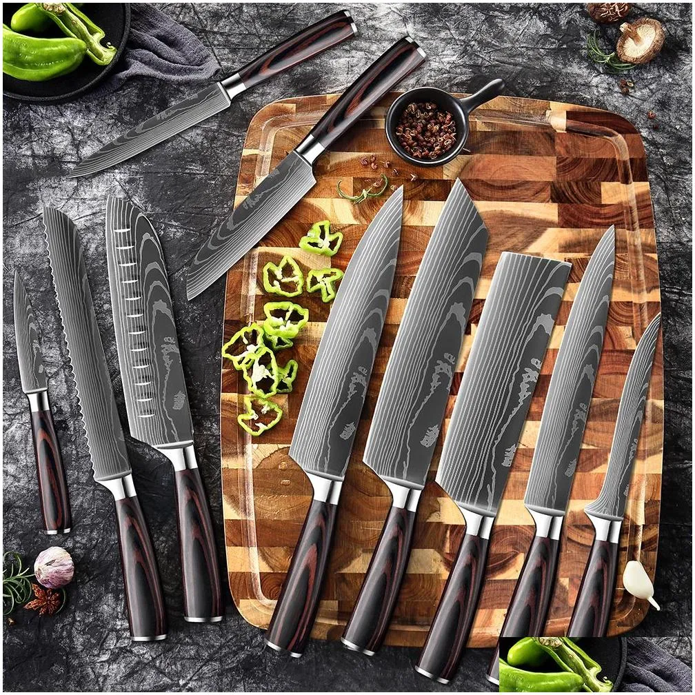 selling chef knife set laser damascus pattern kitchen knives sharp japanese santoku knife cleaver slicing utility knife drop factory