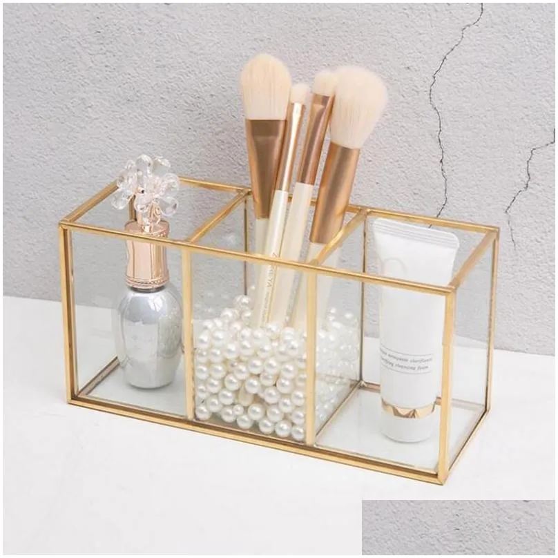 Storage Boxes Bins Cosmetic Brush Holder Transparent Cosmetics Container Ring Pencil Lipstick 3 Compartments Glass Makeup Drop Deli Otnie