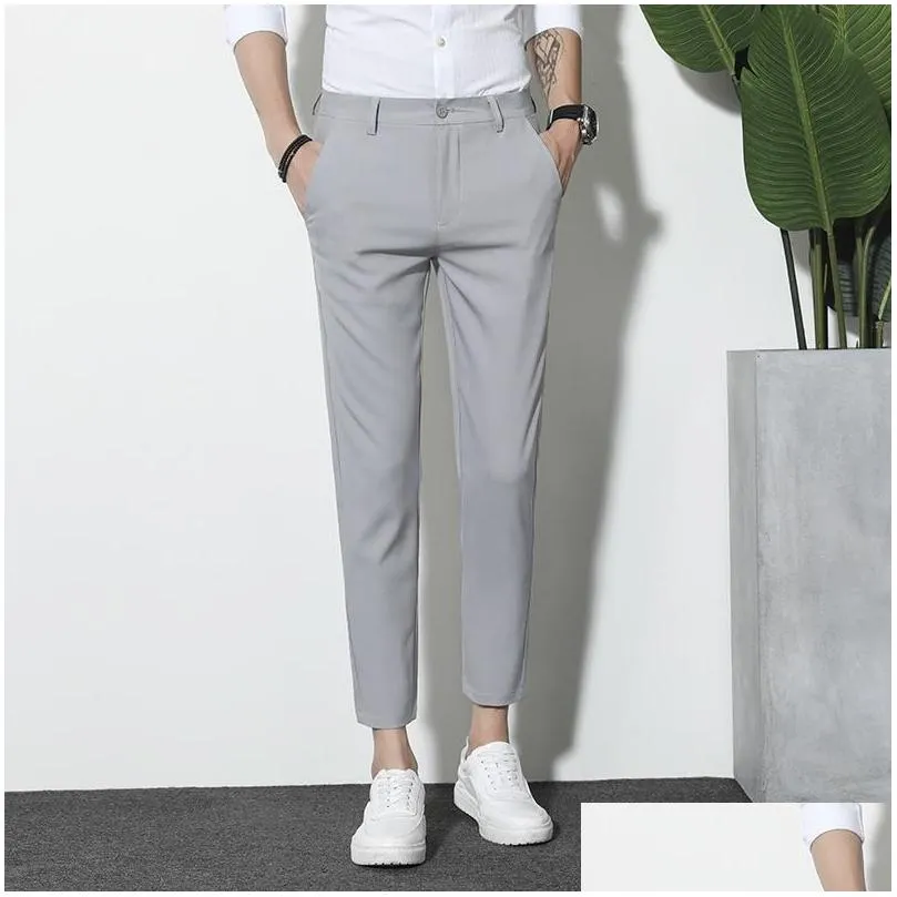 men clothing solid simple high quality mens business formal wear slim suit pants male casual little feet nine points mens